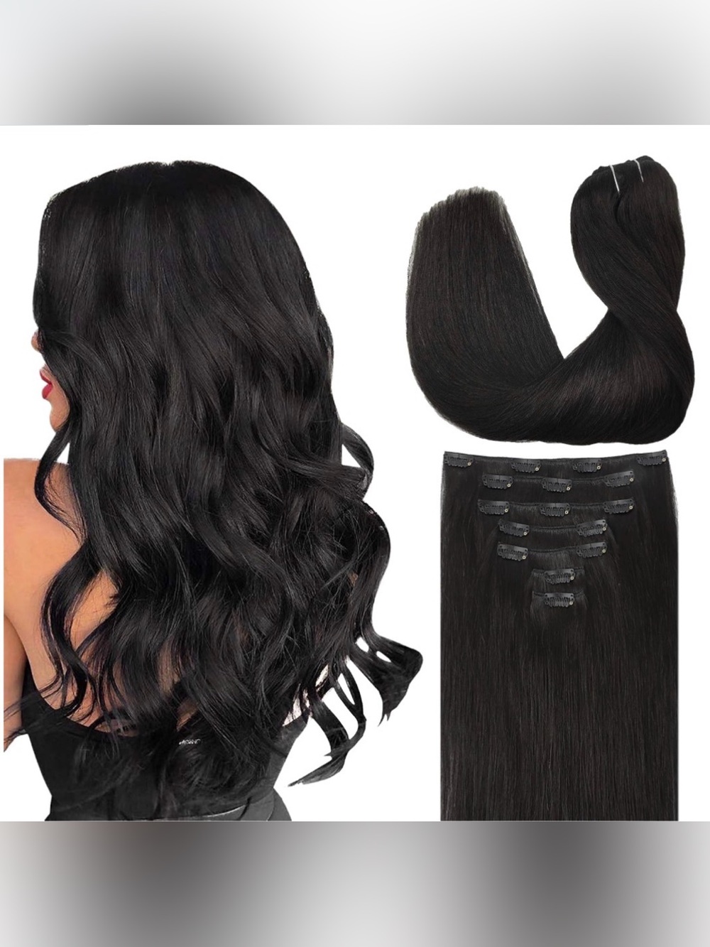20” Natural Black Human Hair Clip In Extensions 120g 7pcs #UB8